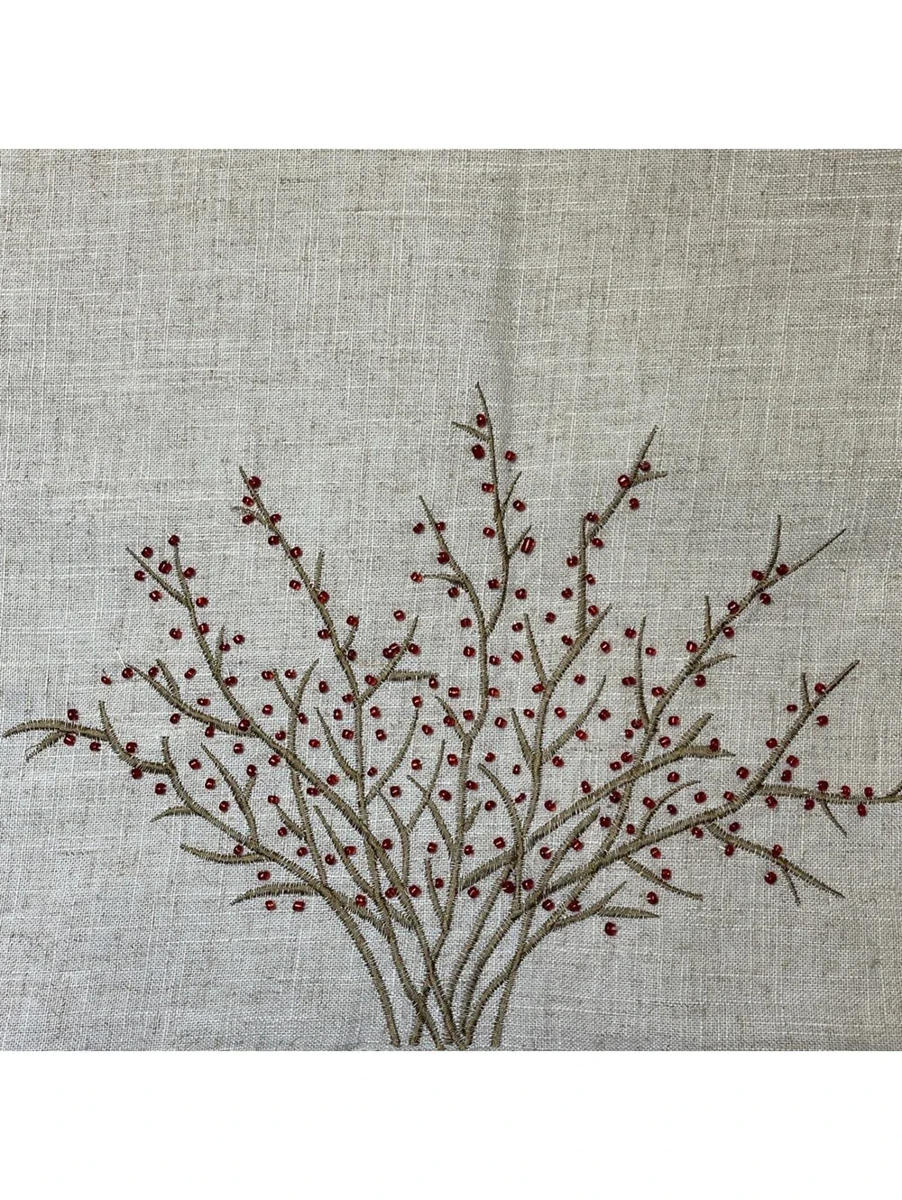 Linen Polyester Blend Natural Red Beaded Table Runner Autumn Holiday 70 Inches
